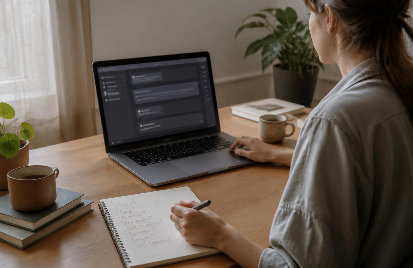 A person writing prompt notes beside a laptop running an AI assistant