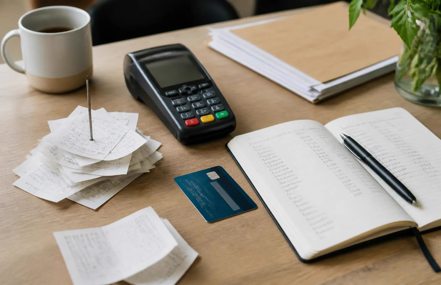 Receipts, payment terminal and business ledger on a worktable