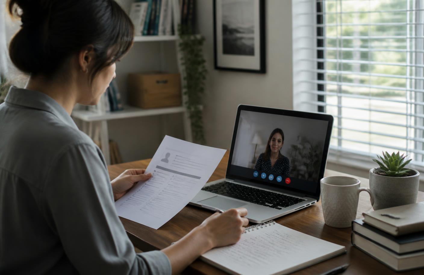 A person reviewing a printed CV before an online interview