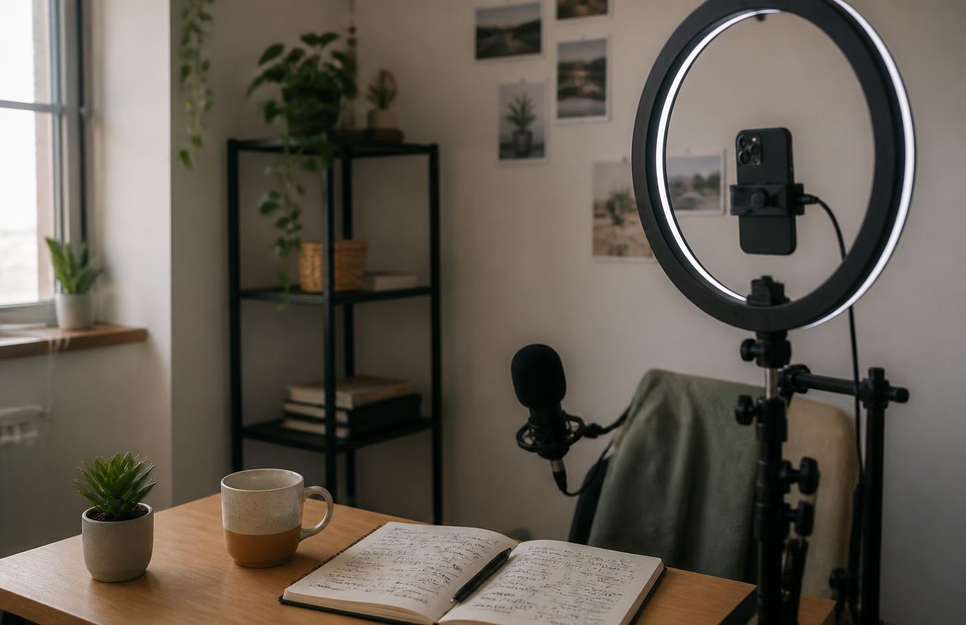 A small home filming setup with a ring light, phone tripod and microphone