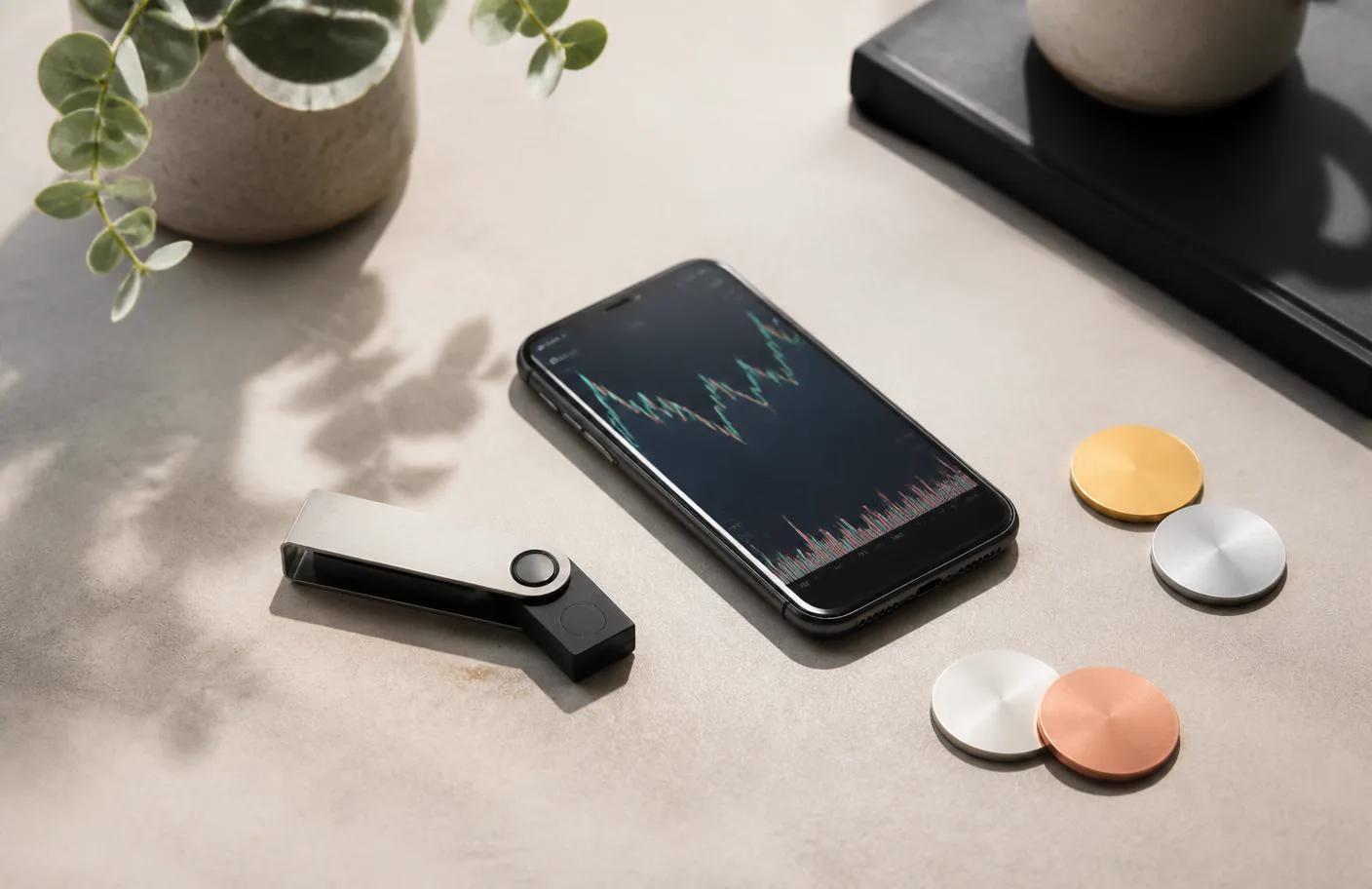 A hardware wallet and a smartphone displaying an abstract market chart