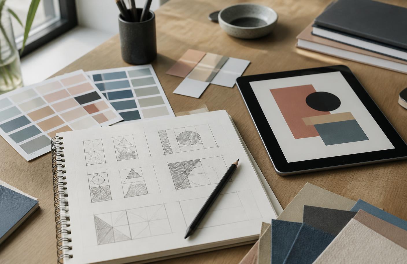 Colour swatches, layout sketches and a tablet showing a simple composition