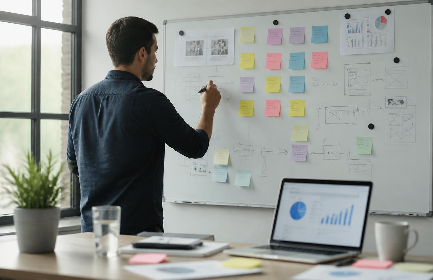 A marketing plan mapped on a whiteboard beside a laptop showing a simple chart