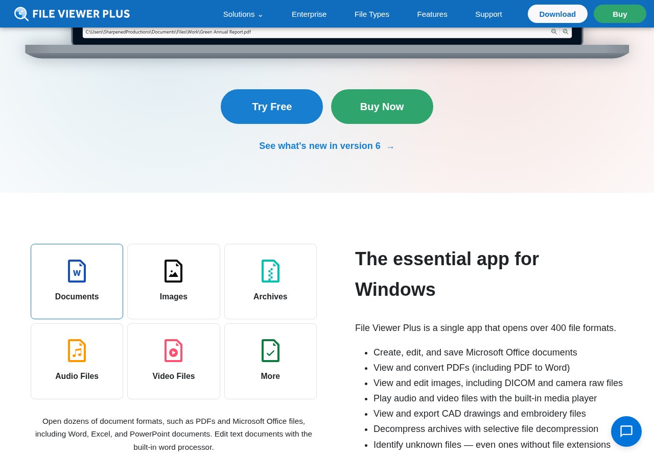 File Viewer Plus feature list covering documents, images, archives, audio and video files