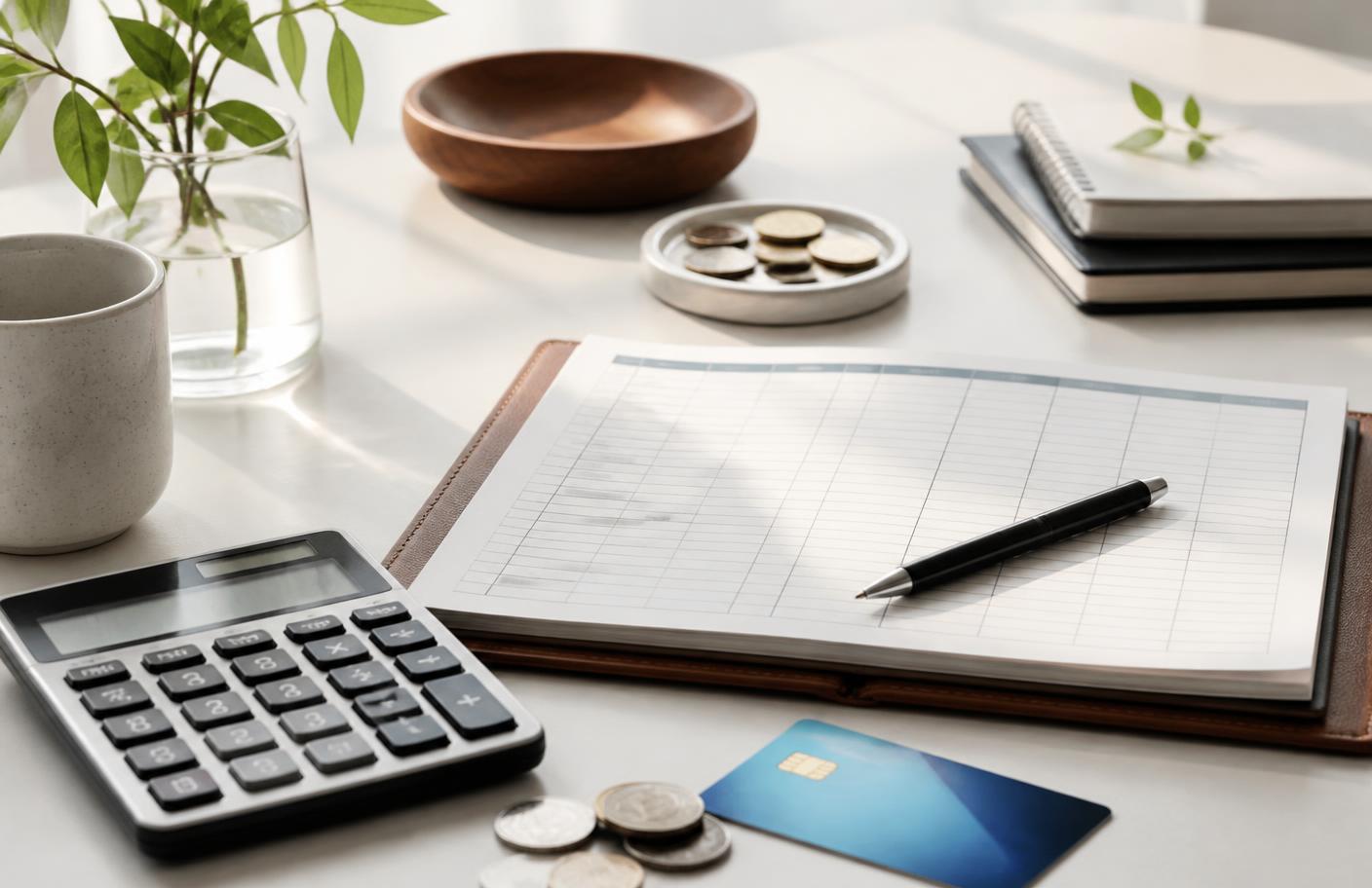Budget planner, calculator and payment card arranged on a desk