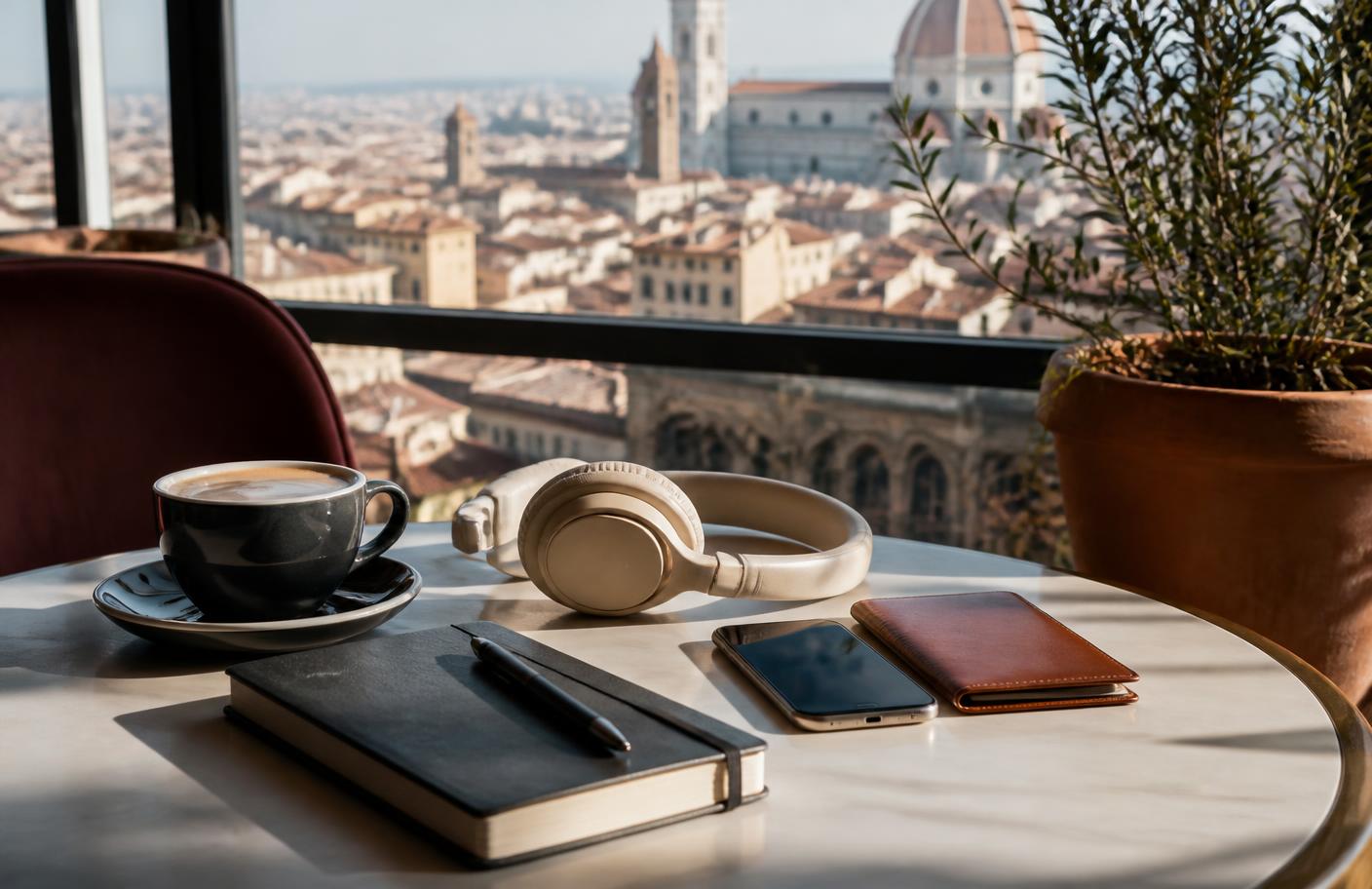 Notebook, phone and headphones on a cafe table overlooking a city