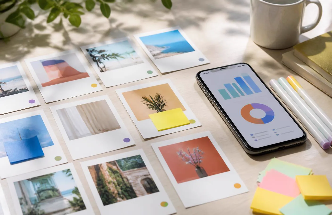 Content planning cards beside a phone with an abstract analytics chart