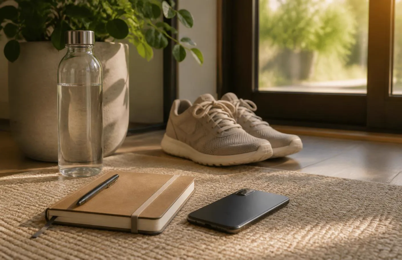 Walking shoes, journal and phone arranged near a sunny doorway