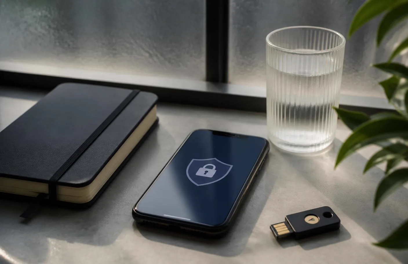 A phone privacy shield beside a notebook and security key
